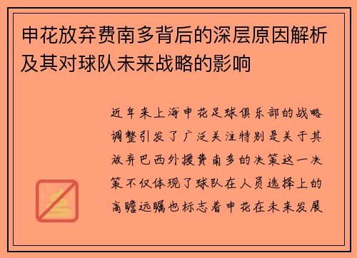 申花放弃费南多背后的深层原因解析及其对球队未来战略的影响