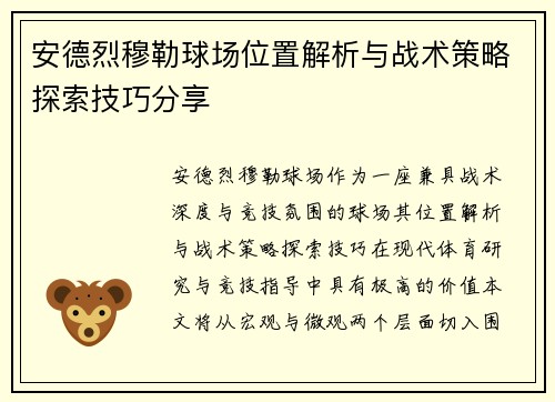 安德烈穆勒球场位置解析与战术策略探索技巧分享