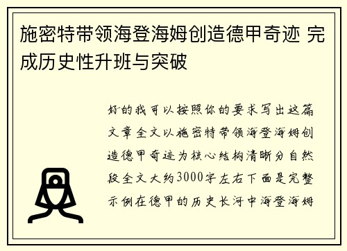 施密特带领海登海姆创造德甲奇迹 完成历史性升班与突破