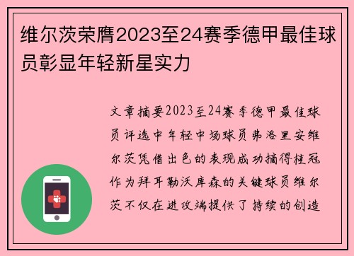 维尔茨荣膺2023至24赛季德甲最佳球员彰显年轻新星实力